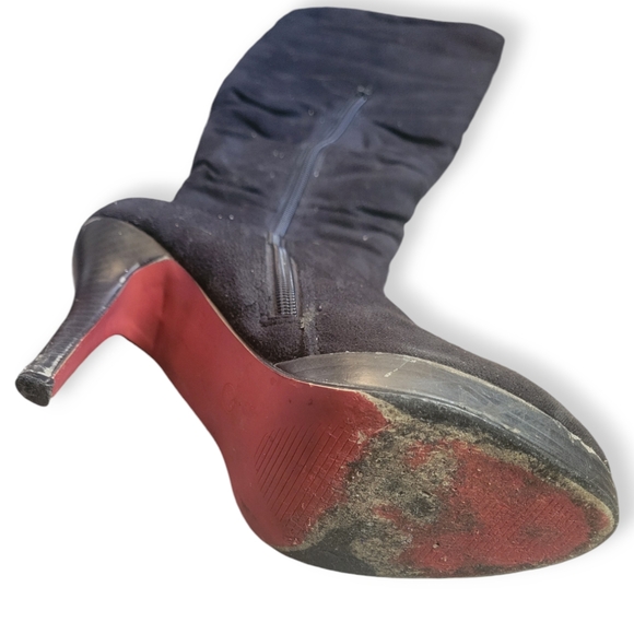 Knee High Suede Leather Black Stiletto High Heel Boots Red Bottoms Size 7 Goth - Picture 3 of 4